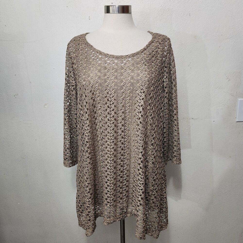 Jm Collection Womens Tunic Top 3X Brown CROCHET Lined Pullover 3/4 Sleeve